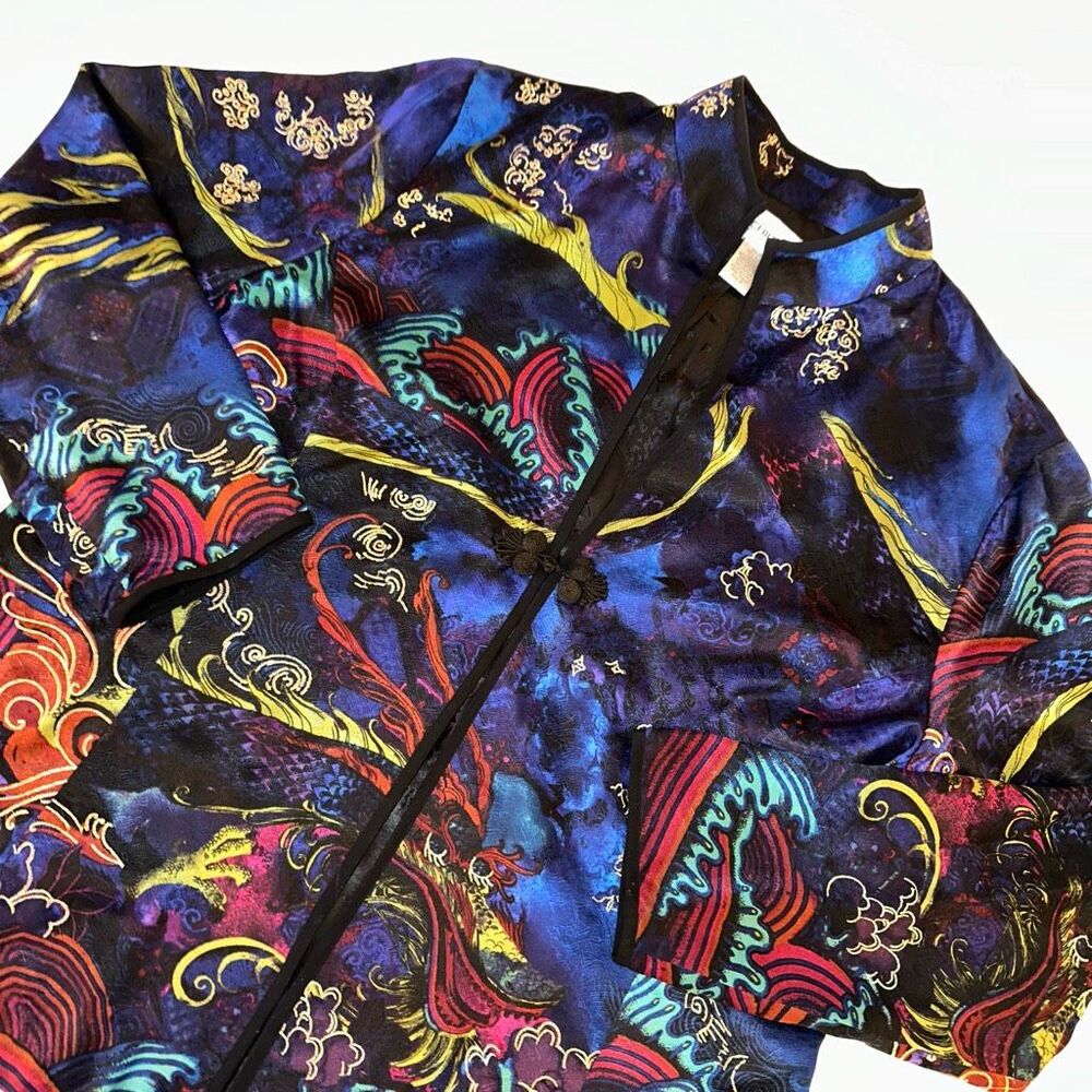 Chicos Size 3 (XL) Silk Women’s Colorful Asian Inspired Blazer Jacket EUC